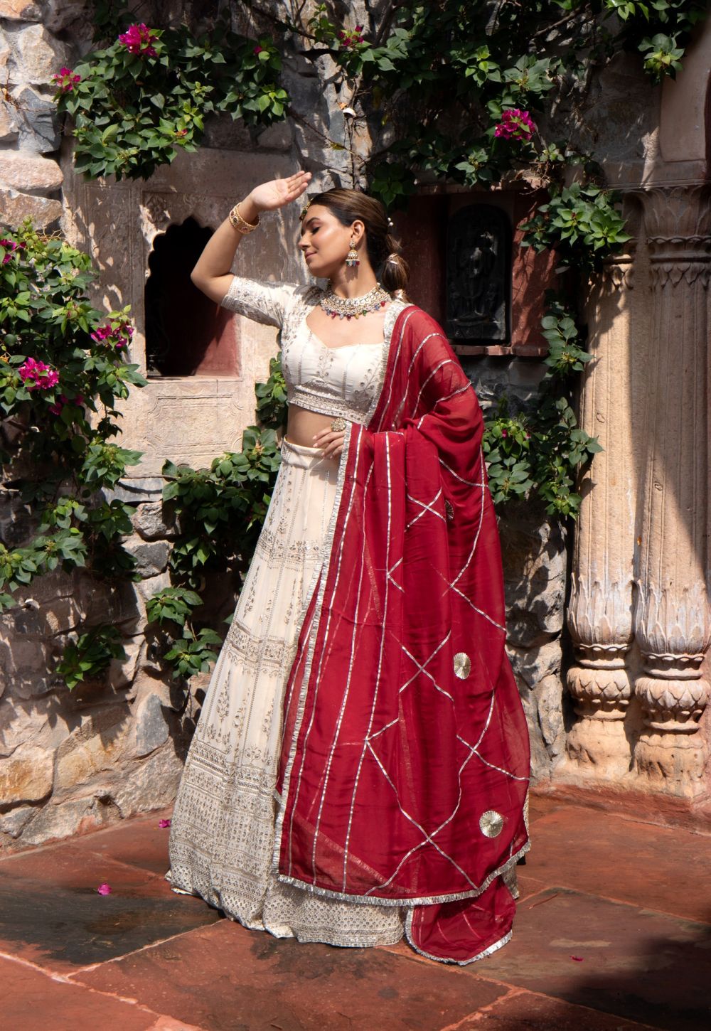 Ivory creme Maharani Lehenga with Zari Embroidery & Maroon Dupatta