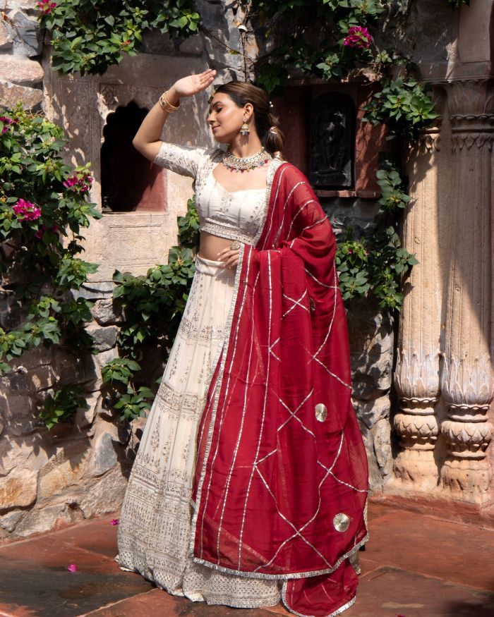 Ivory creme Maharani Lehenga with Zari Embroidery & Maroon Dupatta