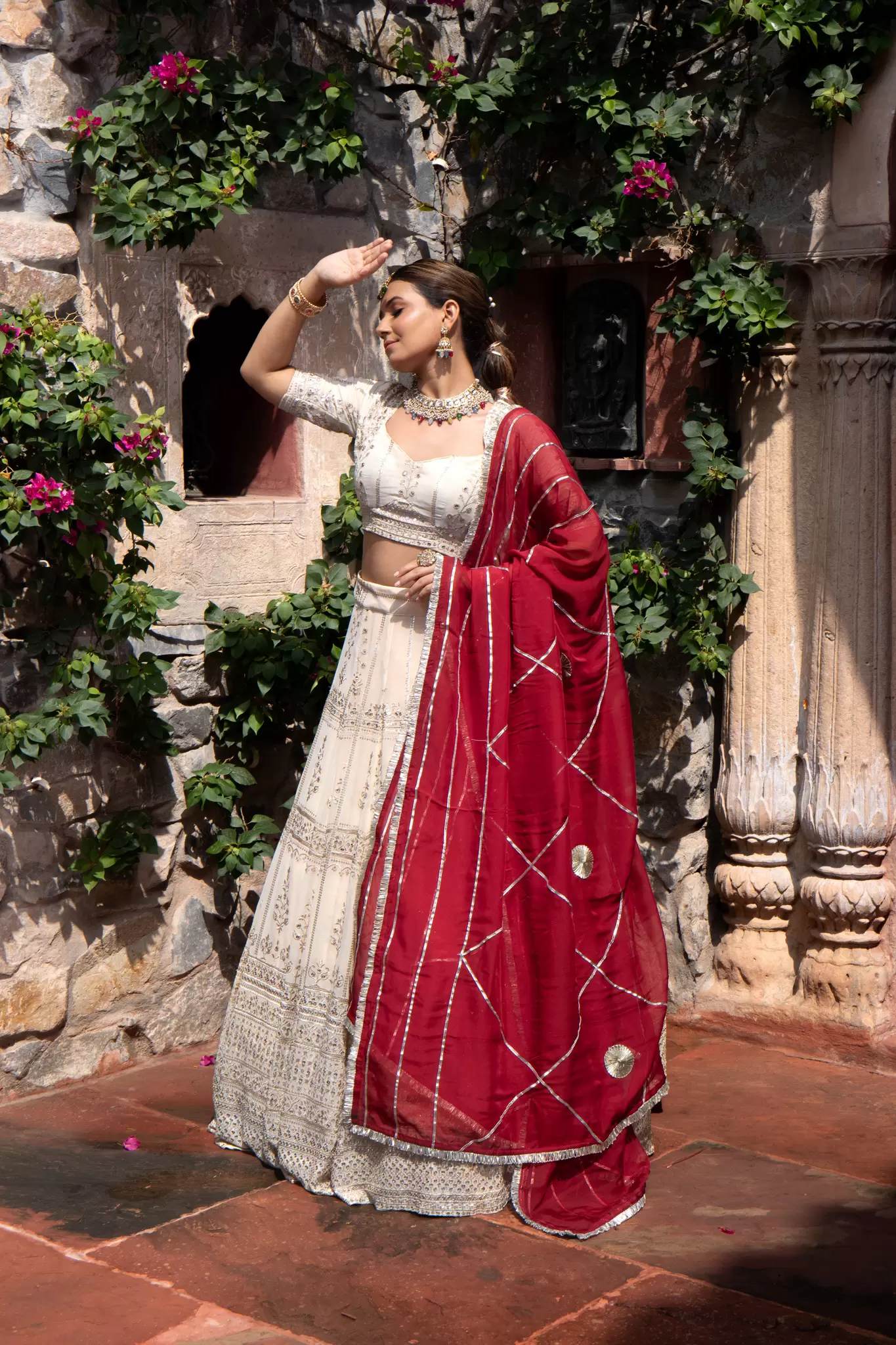 Ivory creme Maharani Lehenga with Zari Embroidery & Maroon Dupatta