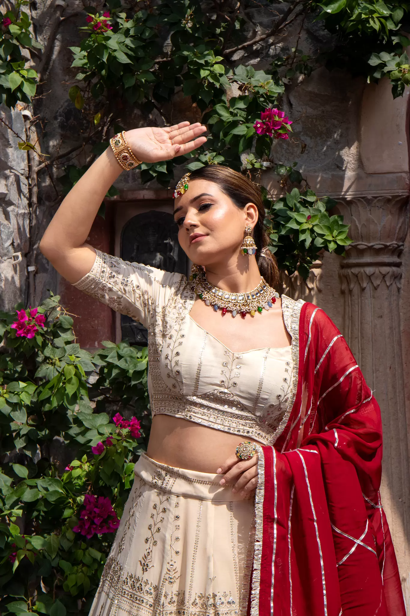 Ivory creme Maharani Lehenga with Zari Embroidery & Maroon Dupatta