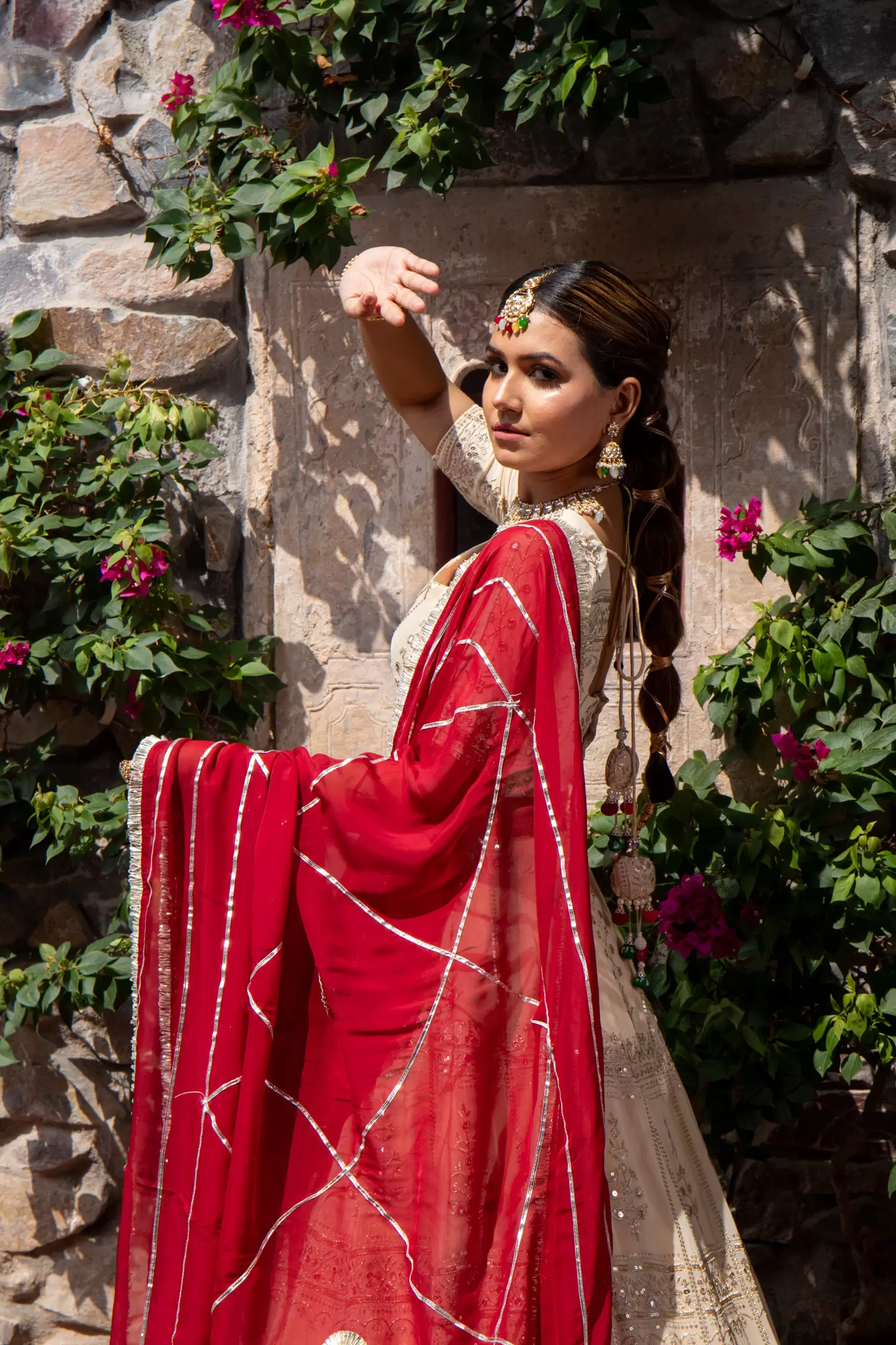 Ivory creme Maharani Lehenga with Zari Embroidery & Maroon Dupatta