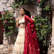 Ivory creme Maharani Lehenga with Zari Embroidery & Maroon Dupatta