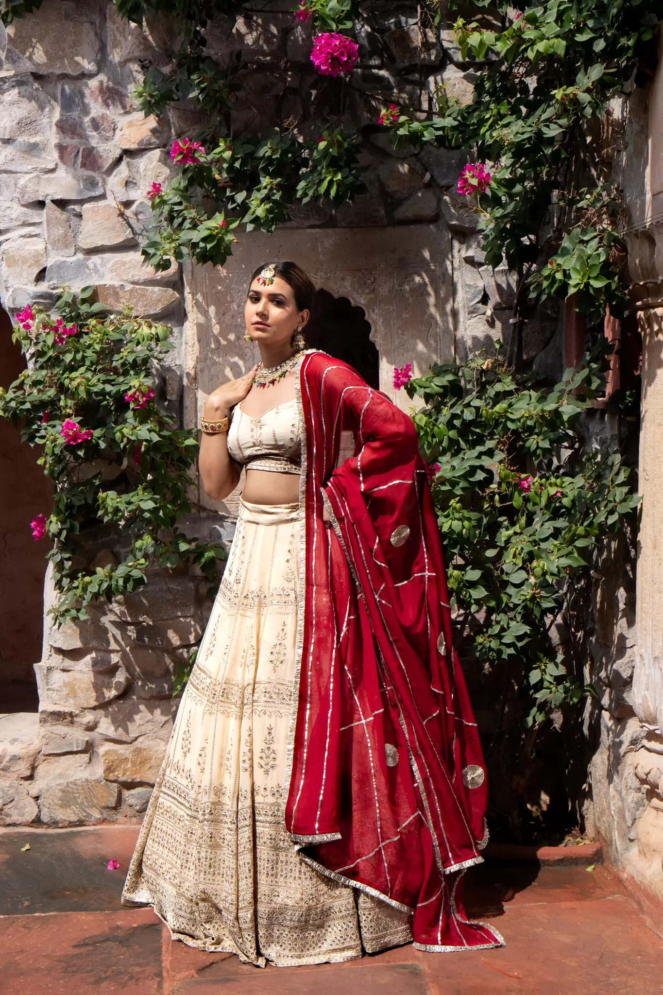 Ivory creme Maharani Lehenga with Zari Embroidery & Maroon Dupatta