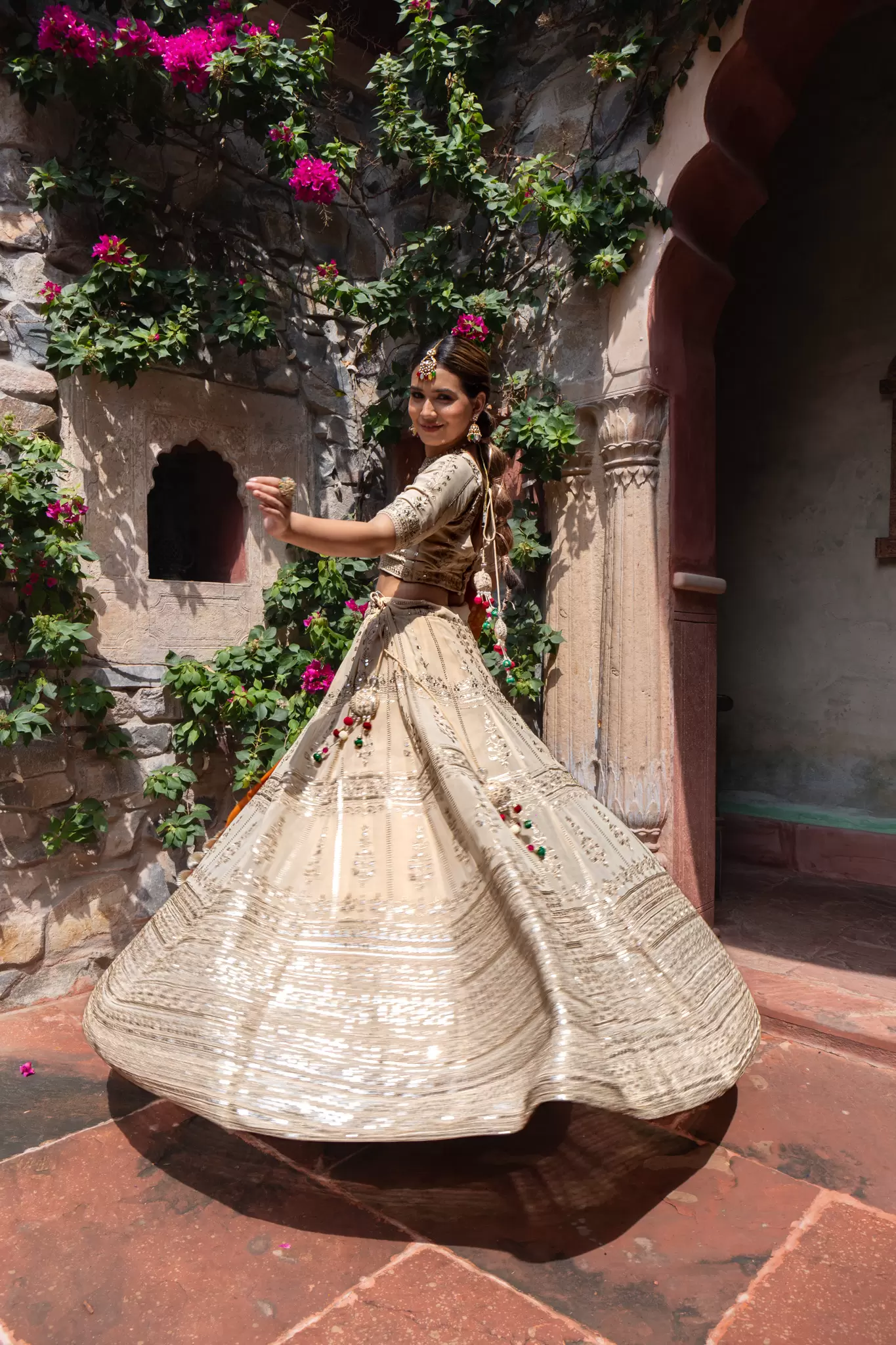 Ivory creme Maharani Lehenga with Zari Embroidery & Maroon Dupatta