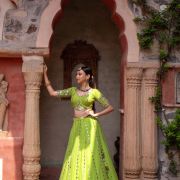 Lime Green Maharani Lehenga with Faux mirror & Purple Dupatta