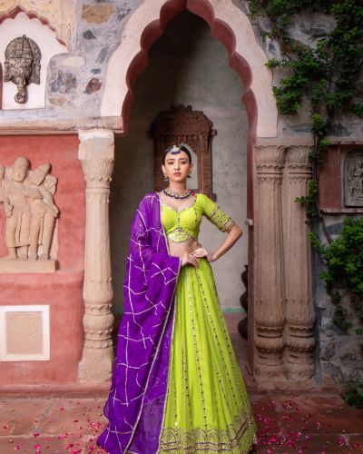 Lime Green Maharani Lehenga with Faux mirror & Purple Dupatta