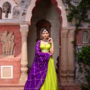 Lime Green Maharani Lehenga with Faux mirror & Purple Dupatta