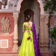 Lime Green Maharani Lehenga with Faux mirror & Purple Dupatta