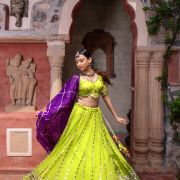 Lime Green Maharani Lehenga with Faux mirror & Purple Dupatta