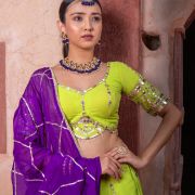 Lime Green Maharani Lehenga with Faux mirror & Purple Dupatta