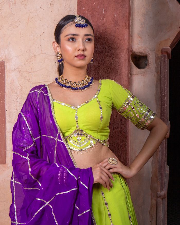 Lime Green Maharani Lehenga with Faux mirror & Purple Dupatta