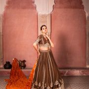 Brown Maharani Lehenga with Zari Embroidery & Rust Orange Dupatta