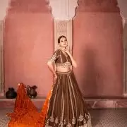 Brown Maharani Lehenga with Zari Embroidery & Rust Orange Dupatta
