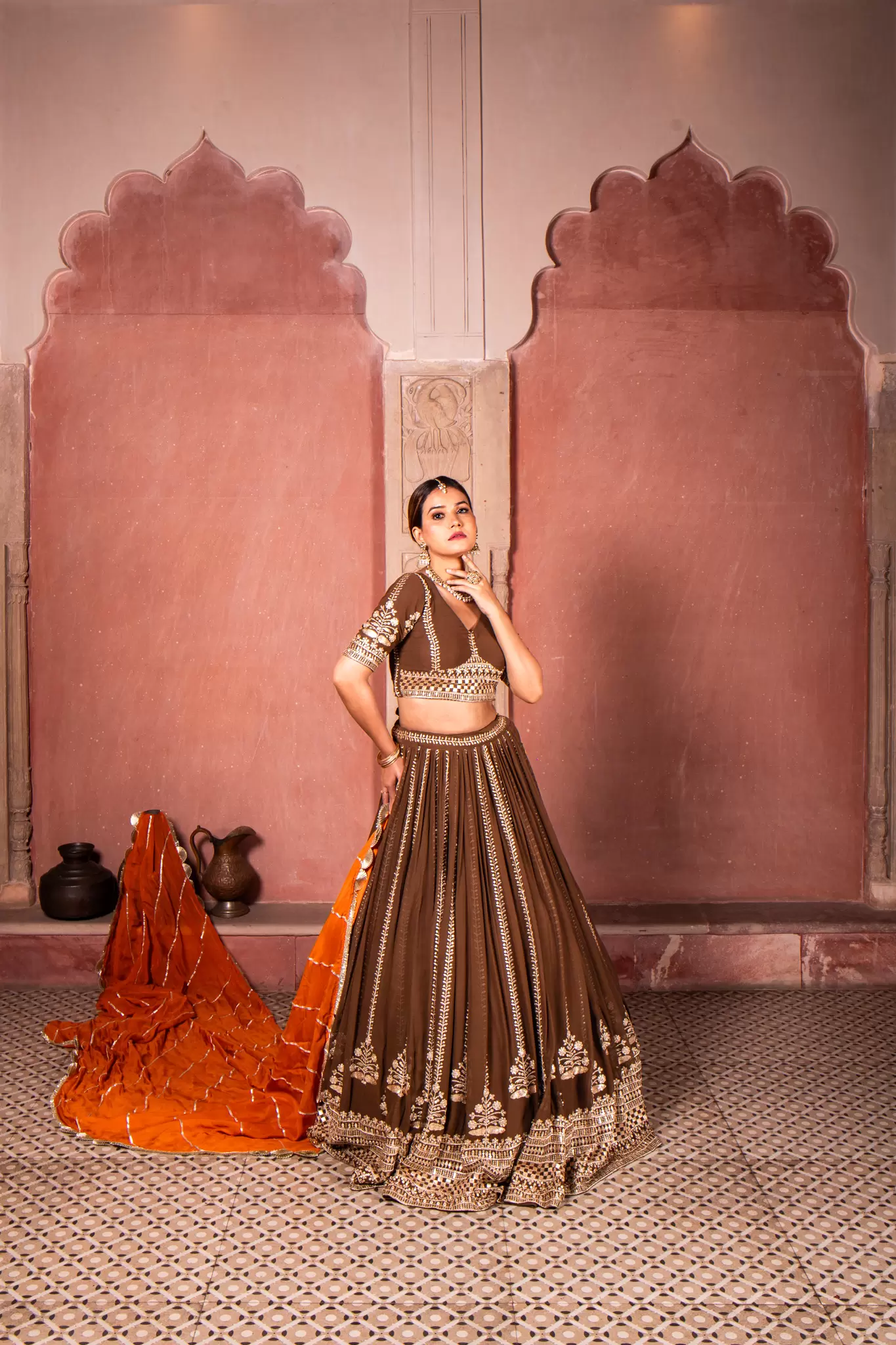 Brown Maharani Lehenga with Zari Embroidery & Rust Orange Dupatta