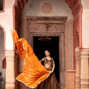 Brown Maharani Lehenga with Zari Embroidery & Rust Orange Dupatta