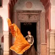 Brown Maharani Lehenga with Zari Embroidery & Rust Orange Dupatta