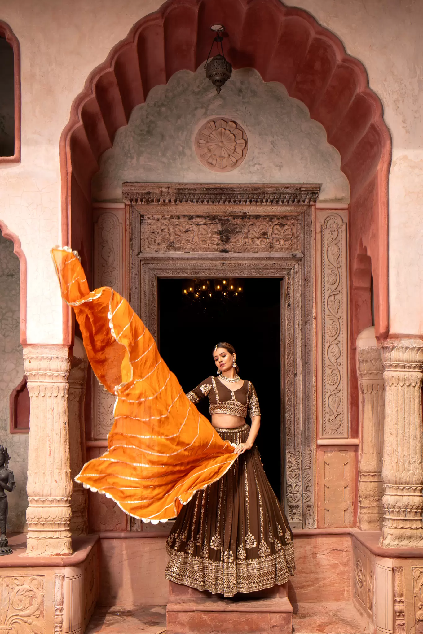 Brown Maharani Lehenga with Zari Embroidery & Rust Orange Dupatta