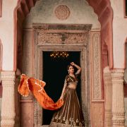 Brown Maharani Lehenga with Zari Embroidery & Rust Orange Dupatta