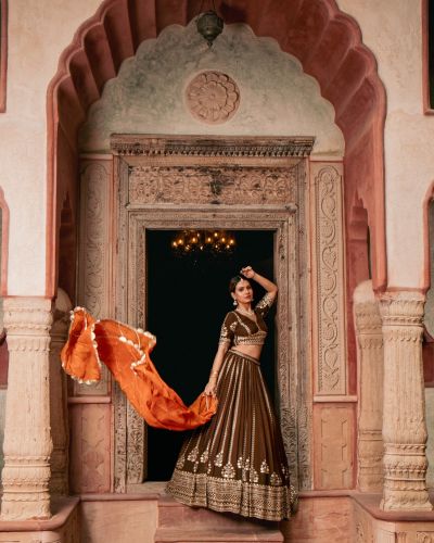 Brown Maharani Lehenga with Zari Embroidery & Rust Orange Dupatta