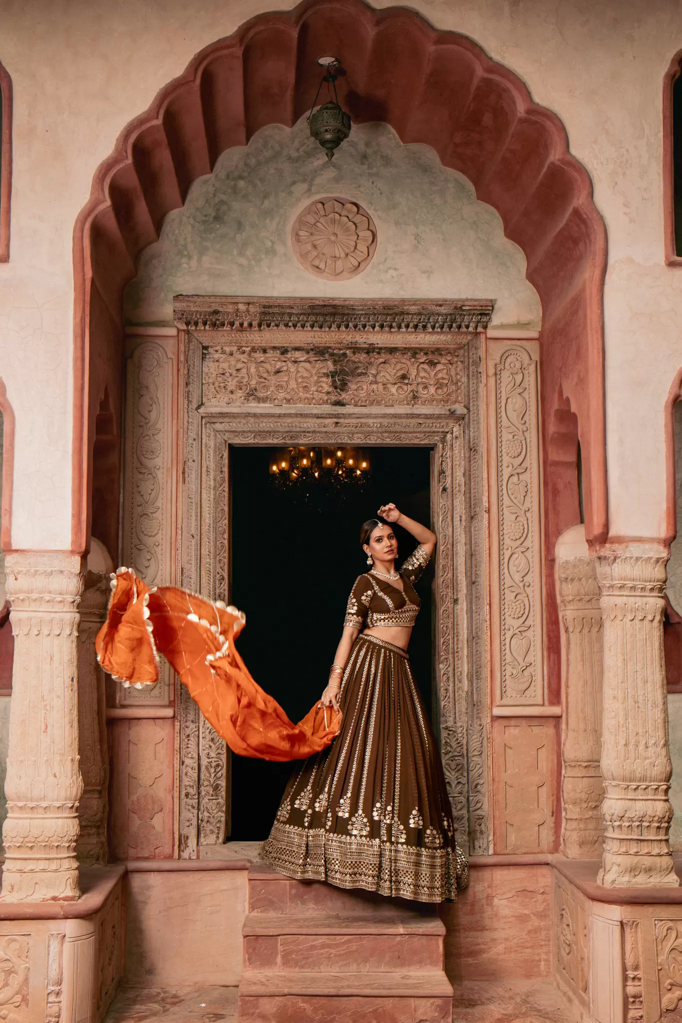 Brown Maharani Lehenga with Zari Embroidery & Rust Orange Dupatta