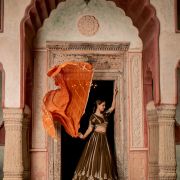 Brown Maharani Lehenga with Zari Embroidery & Rust Orange Dupatta