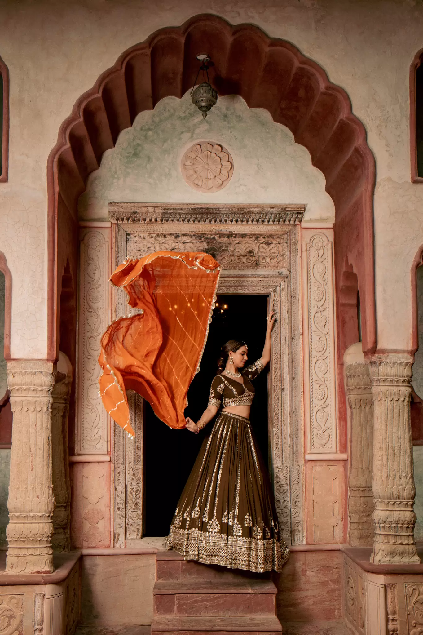 Brown Maharani Lehenga with Zari Embroidery & Rust Orange Dupatta