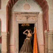 Brown Maharani Lehenga with Zari Embroidery & Rust Orange Dupatta