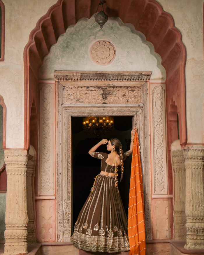 Brown Maharani Lehenga with Zari Embroidery & Rust Orange Dupatta