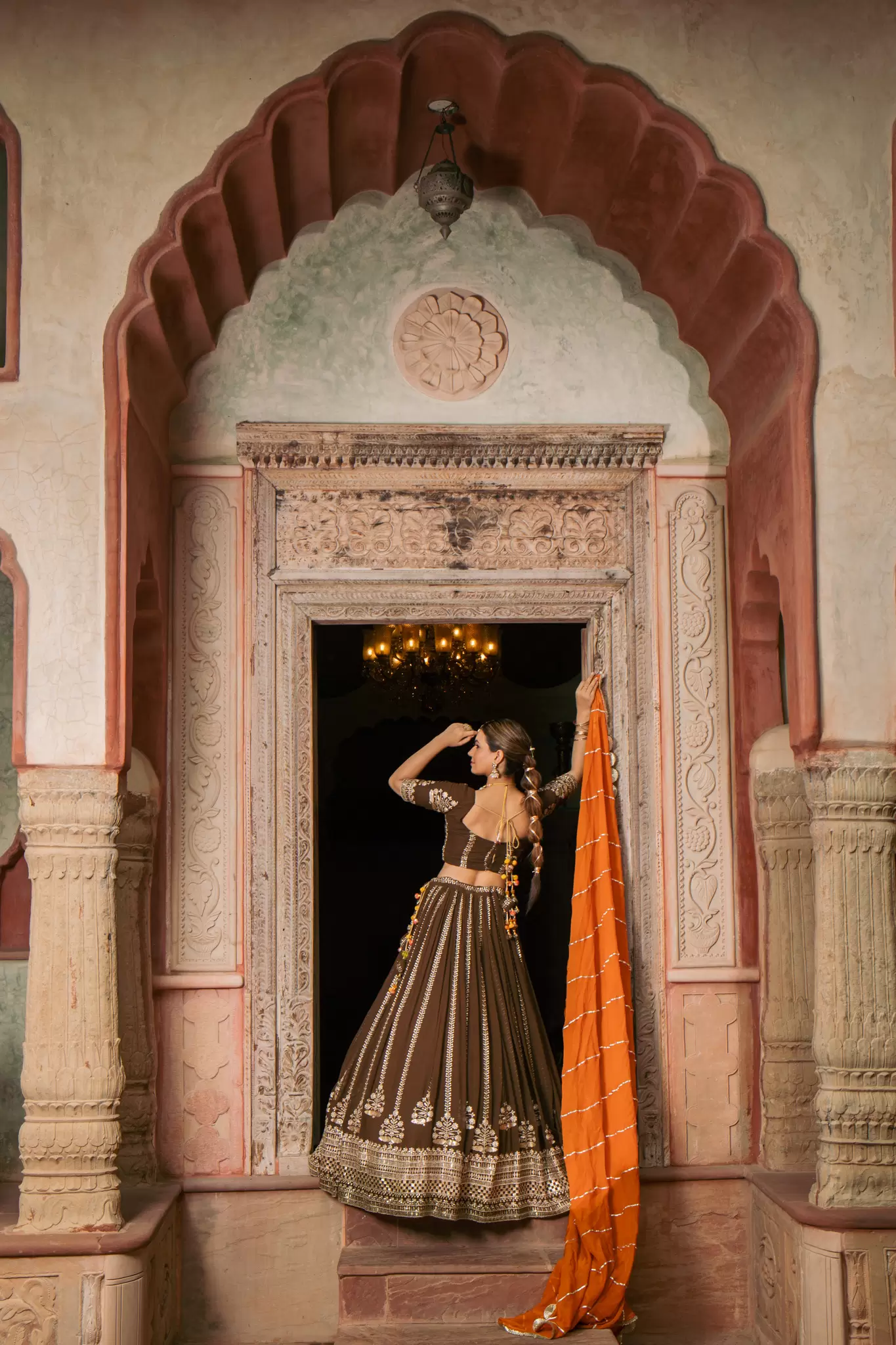 Brown Maharani Lehenga with Zari Embroidery & Rust Orange Dupatta