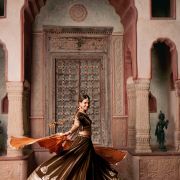 Brown Maharani Lehenga with Zari Embroidery & Rust Orange Dupatta