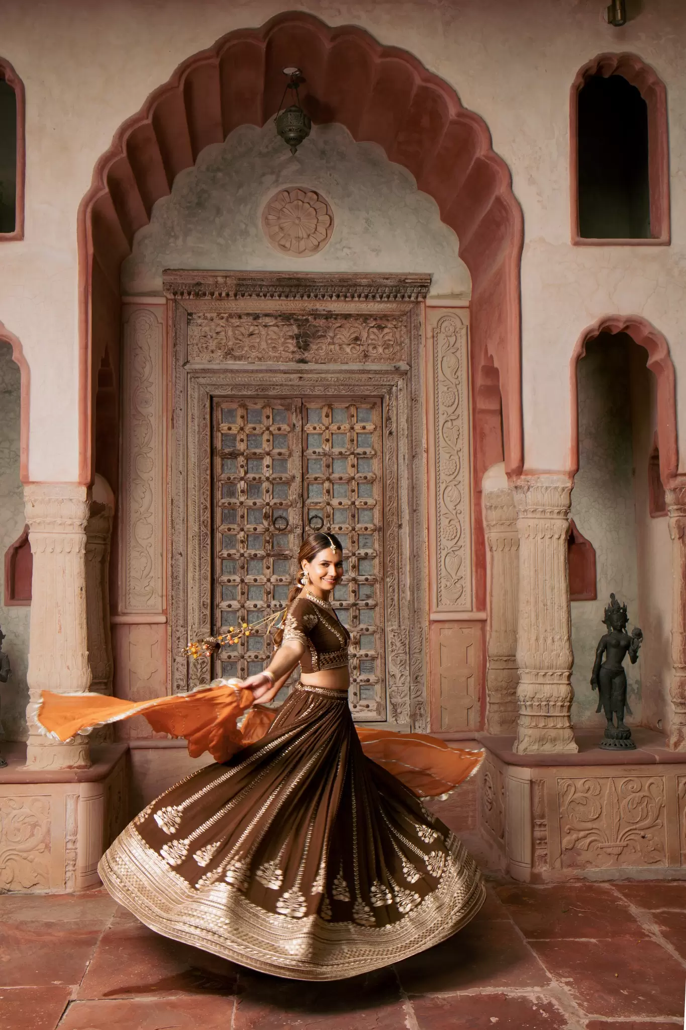 Brown Maharani Lehenga with Zari Embroidery & Rust Orange Dupatta