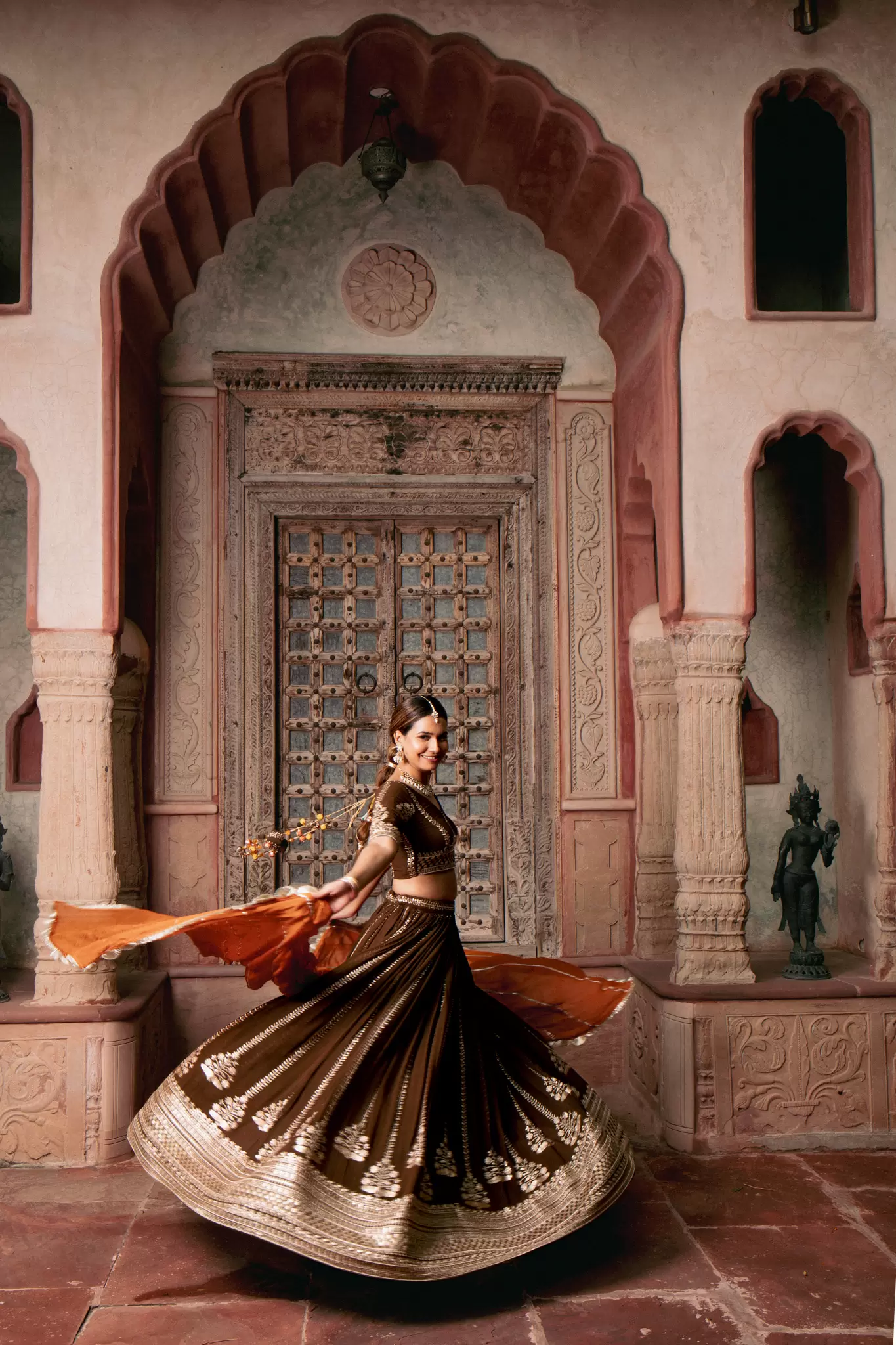 Brown Maharani Lehenga with Zari Embroidery & Rust Orange Dupatta