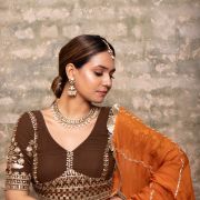 Brown Maharani Lehenga with Zari Embroidery & Rust Orange Dupatta