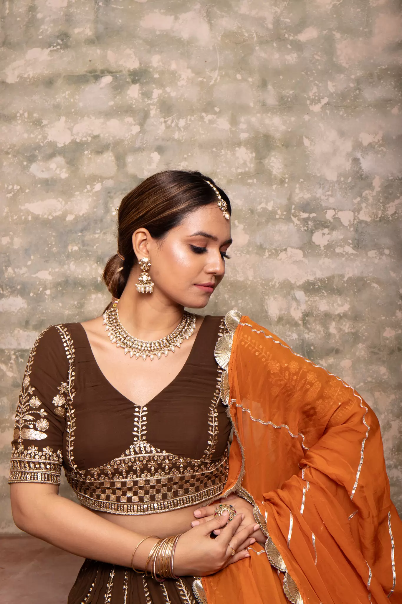 Brown Maharani Lehenga with Zari Embroidery & Rust Orange Dupatta