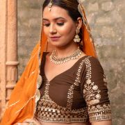 Brown Maharani Lehenga with Zari Embroidery & Rust Orange Dupatta