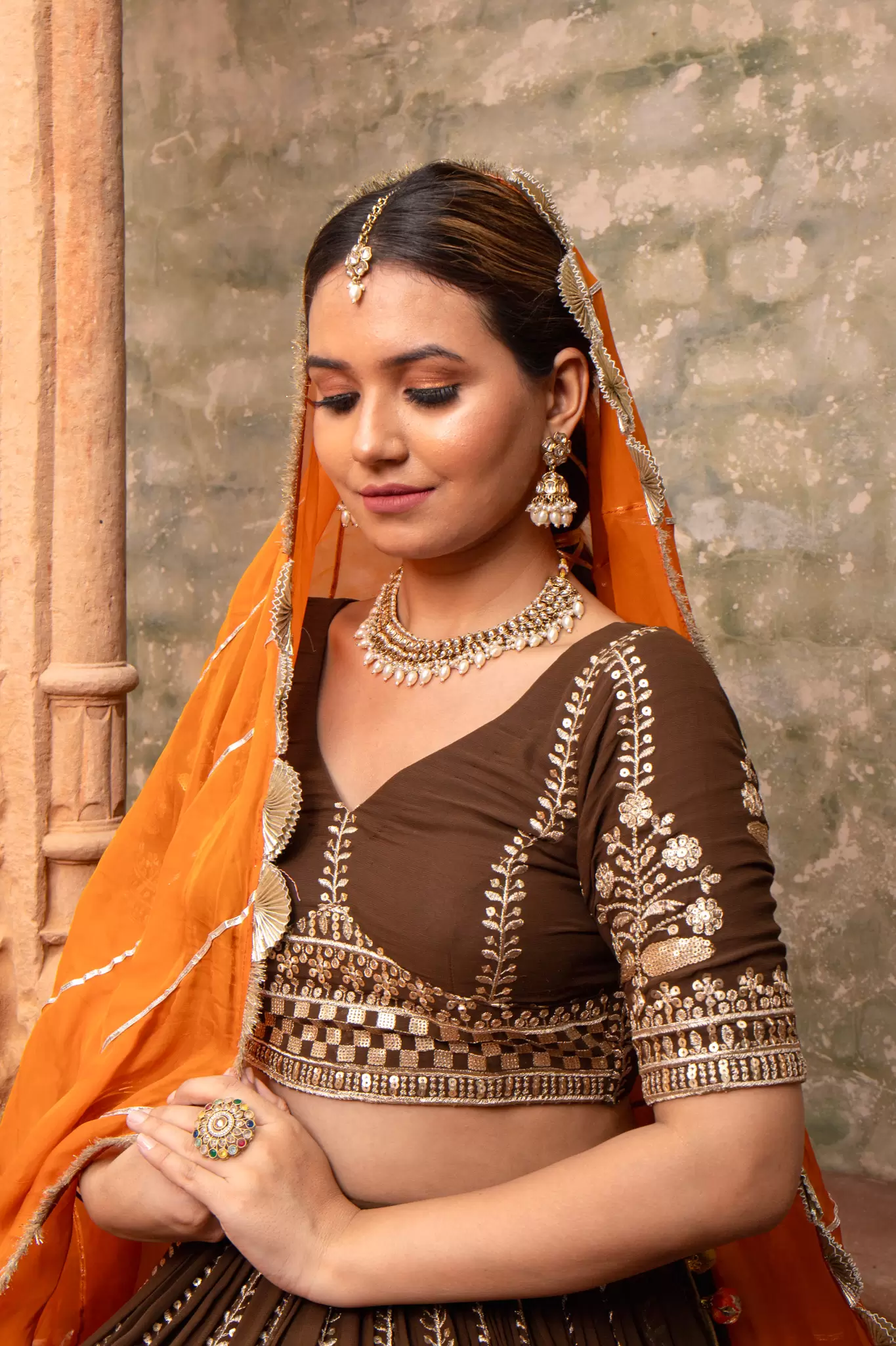 Brown Maharani Lehenga with Zari Embroidery & Rust Orange Dupatta