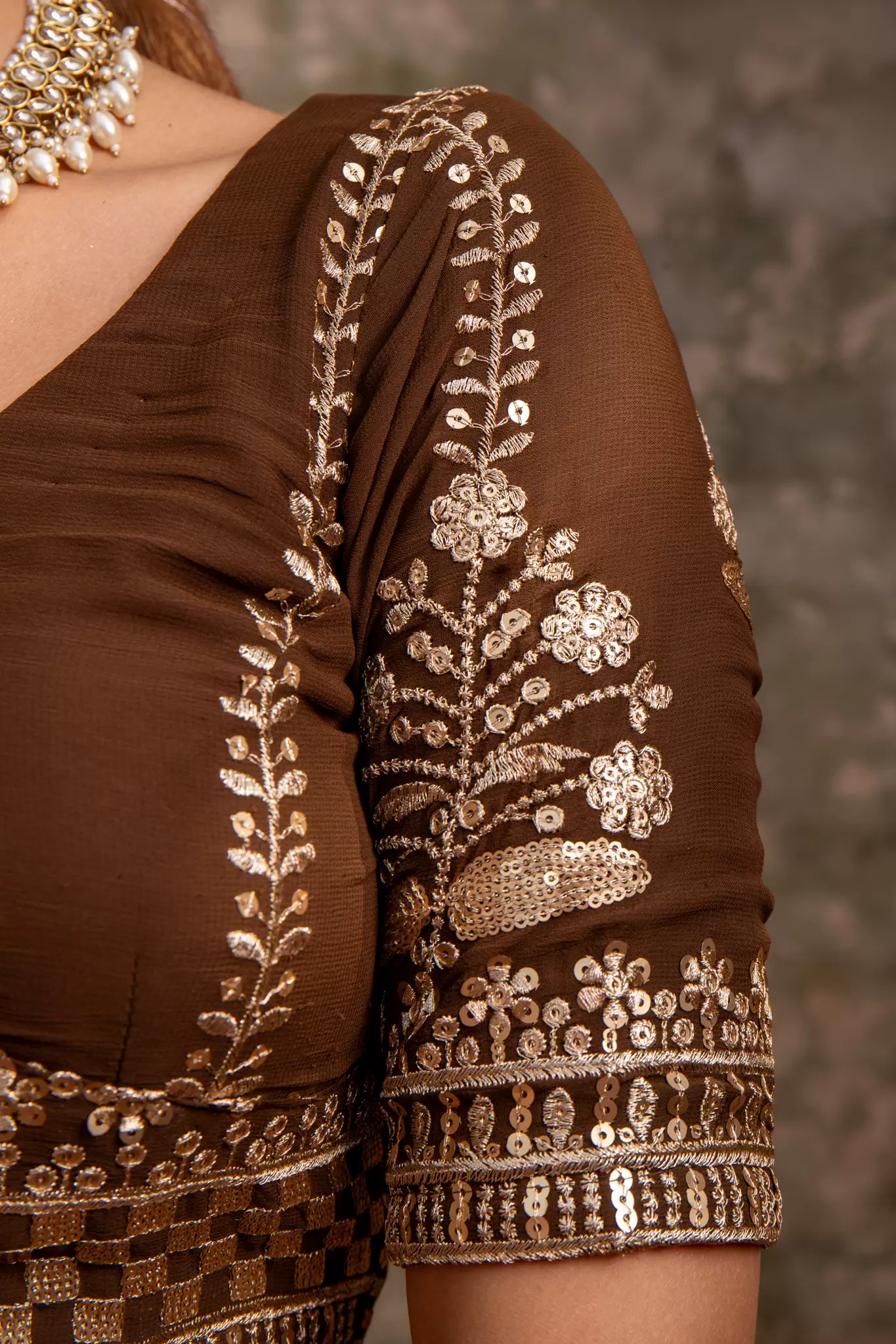 Brown Maharani Lehenga with Zari Embroidery & Rust Orange Dupatta