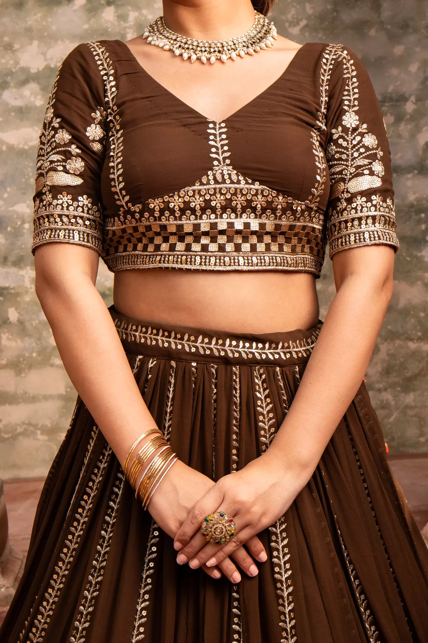 Brown Maharani Lehenga with Zari Embroidery & Rust Orange Dupatta