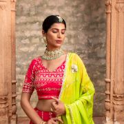 Rani Pink Maharani Lehenga with Faux mirror & Lime Green Dupatta