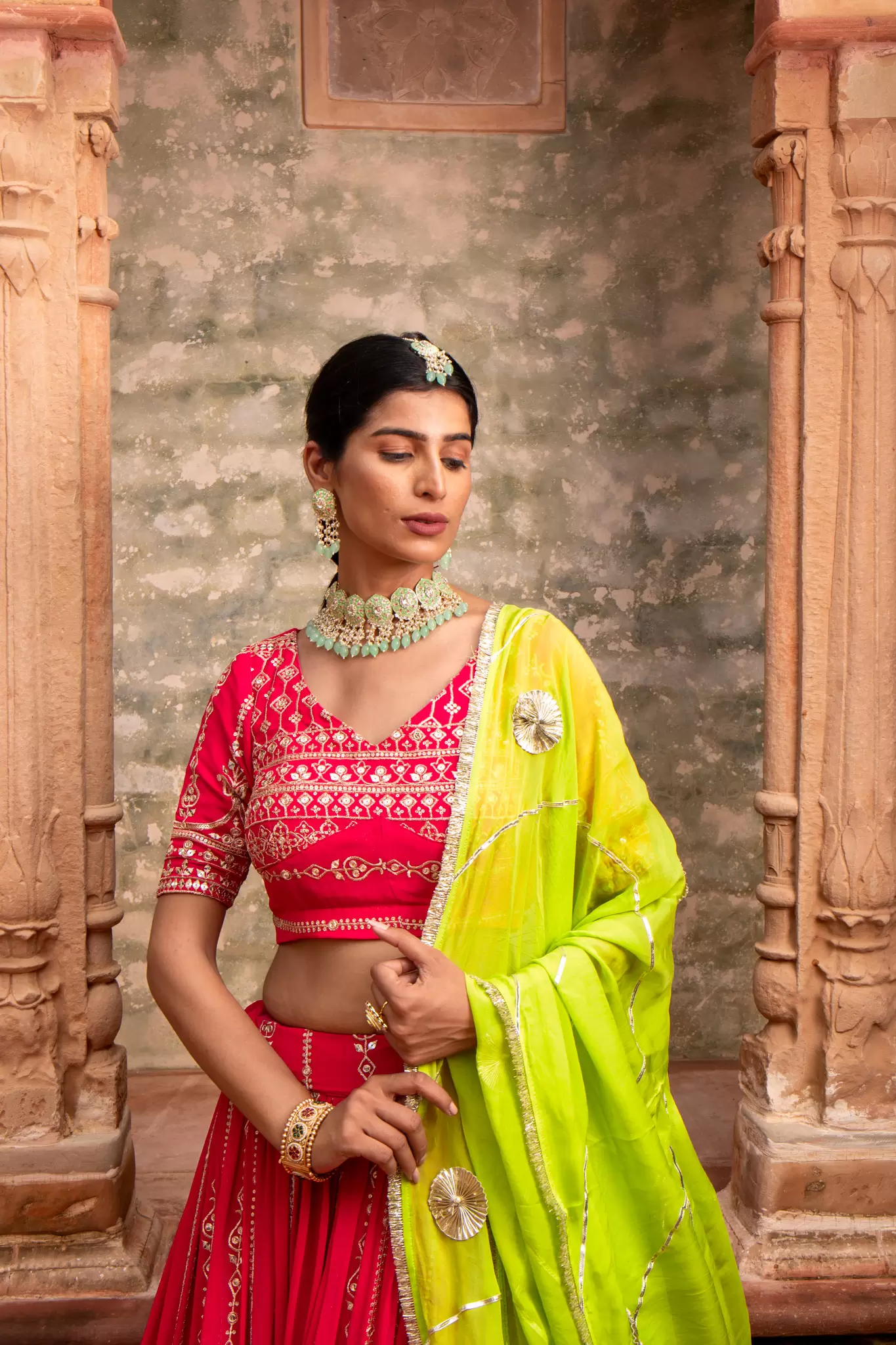 Rani Pink Maharani Lehenga with Faux mirror & Lime Green Dupatta