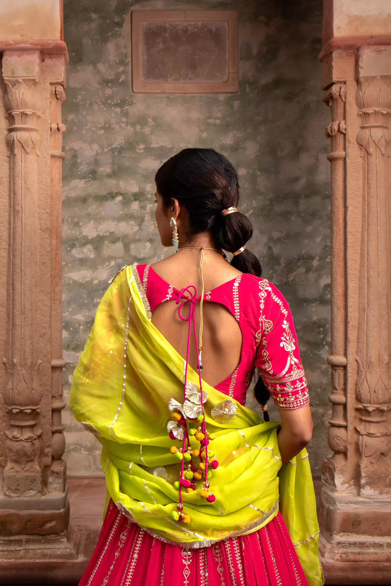 Rani Pink Maharani Lehenga with Faux mirror & Lime Green Dupatta