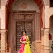 Rani Pink Maharani Lehenga with Faux mirror & Lime Green Dupatta