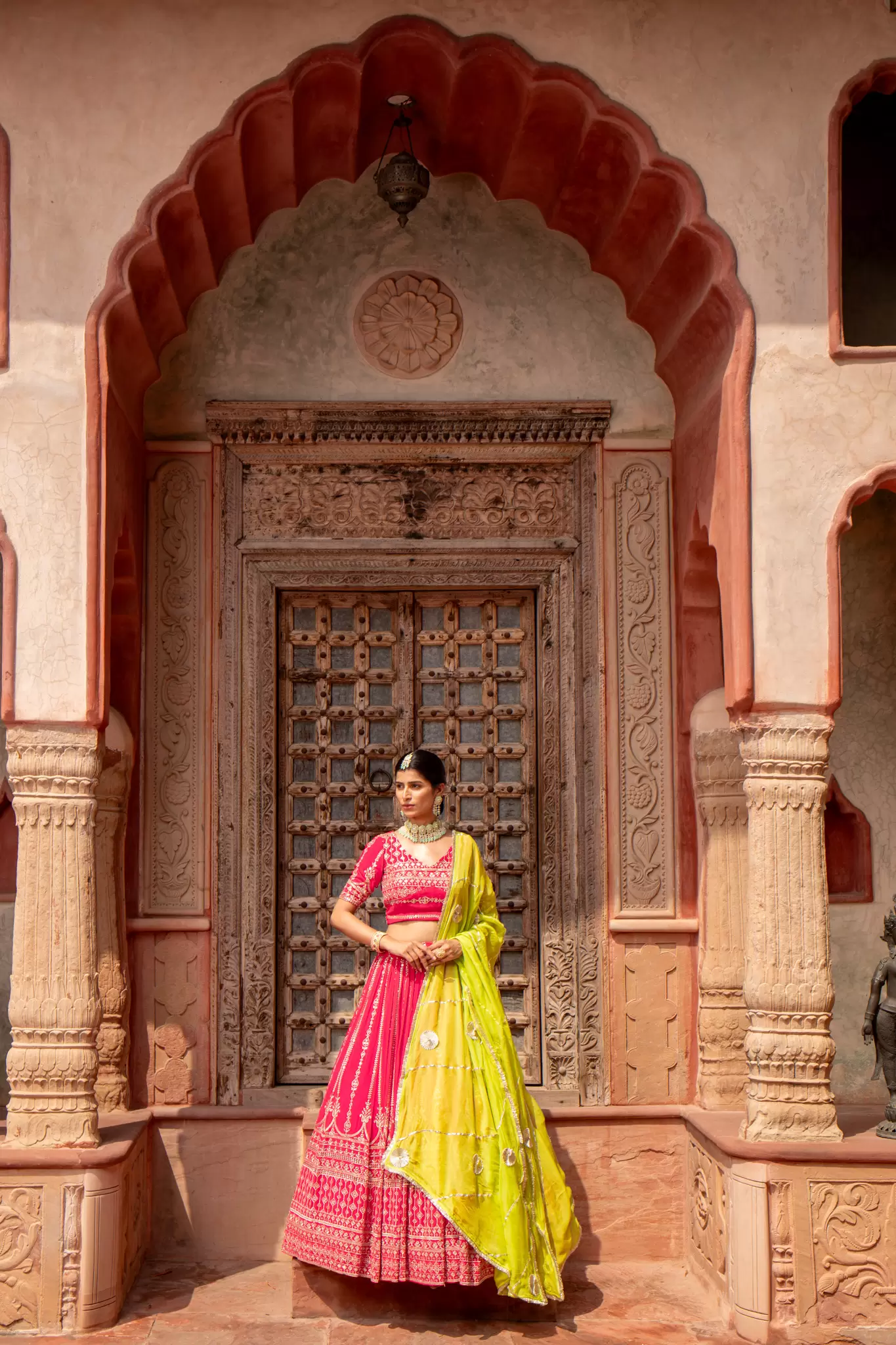 Rani Pink Maharani Lehenga with Faux mirror & Lime Green Dupatta