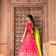 Rani Pink Maharani Lehenga with Faux mirror & Lime Green Dupatta