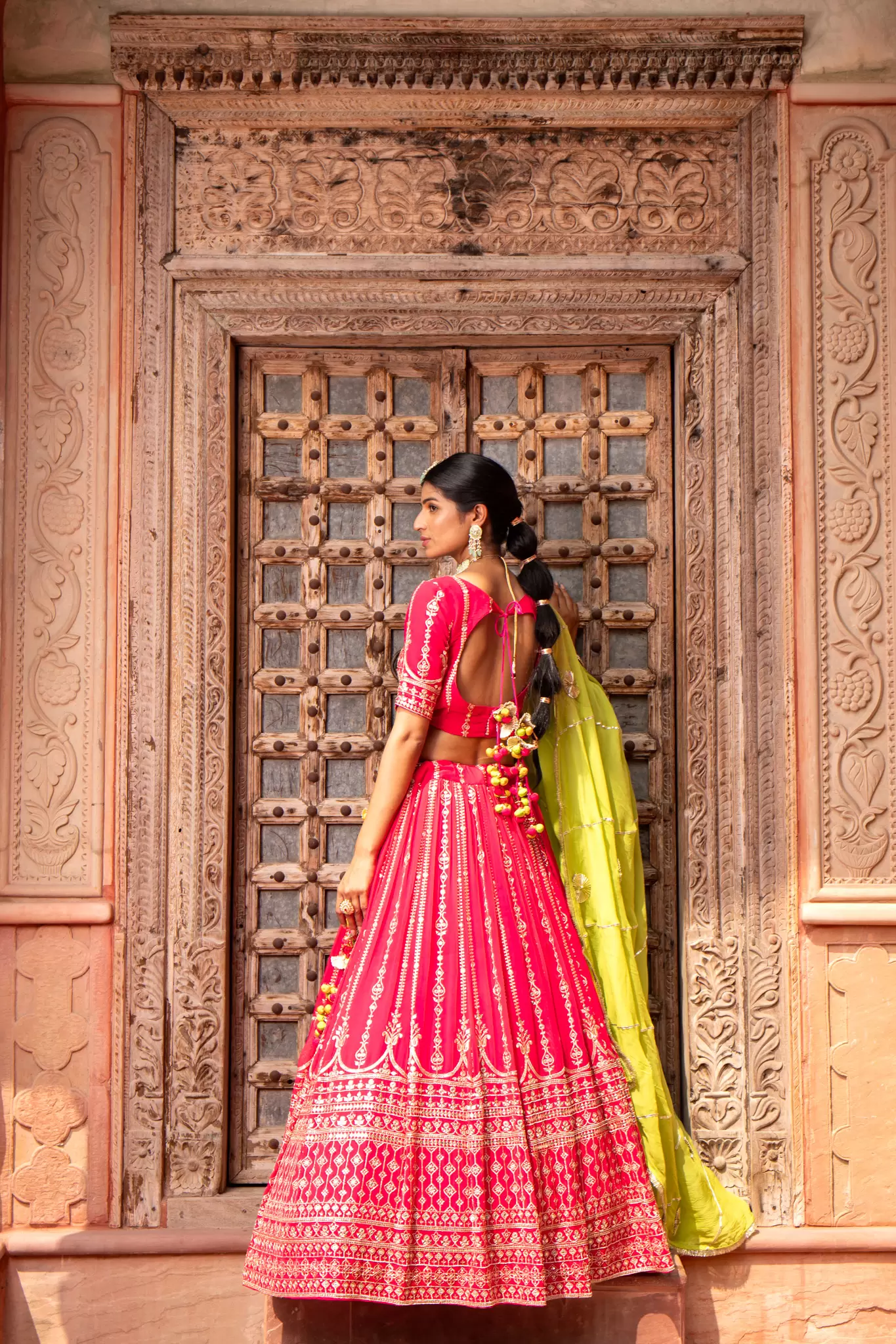 Rani Pink Maharani Lehenga with Faux mirror & Lime Green Dupatta