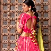 Rani Pink Maharani Lehenga with Faux mirror & Lime Green Dupatta