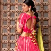 Rani Pink Maharani Lehenga with Faux mirror & Lime Green Dupatta