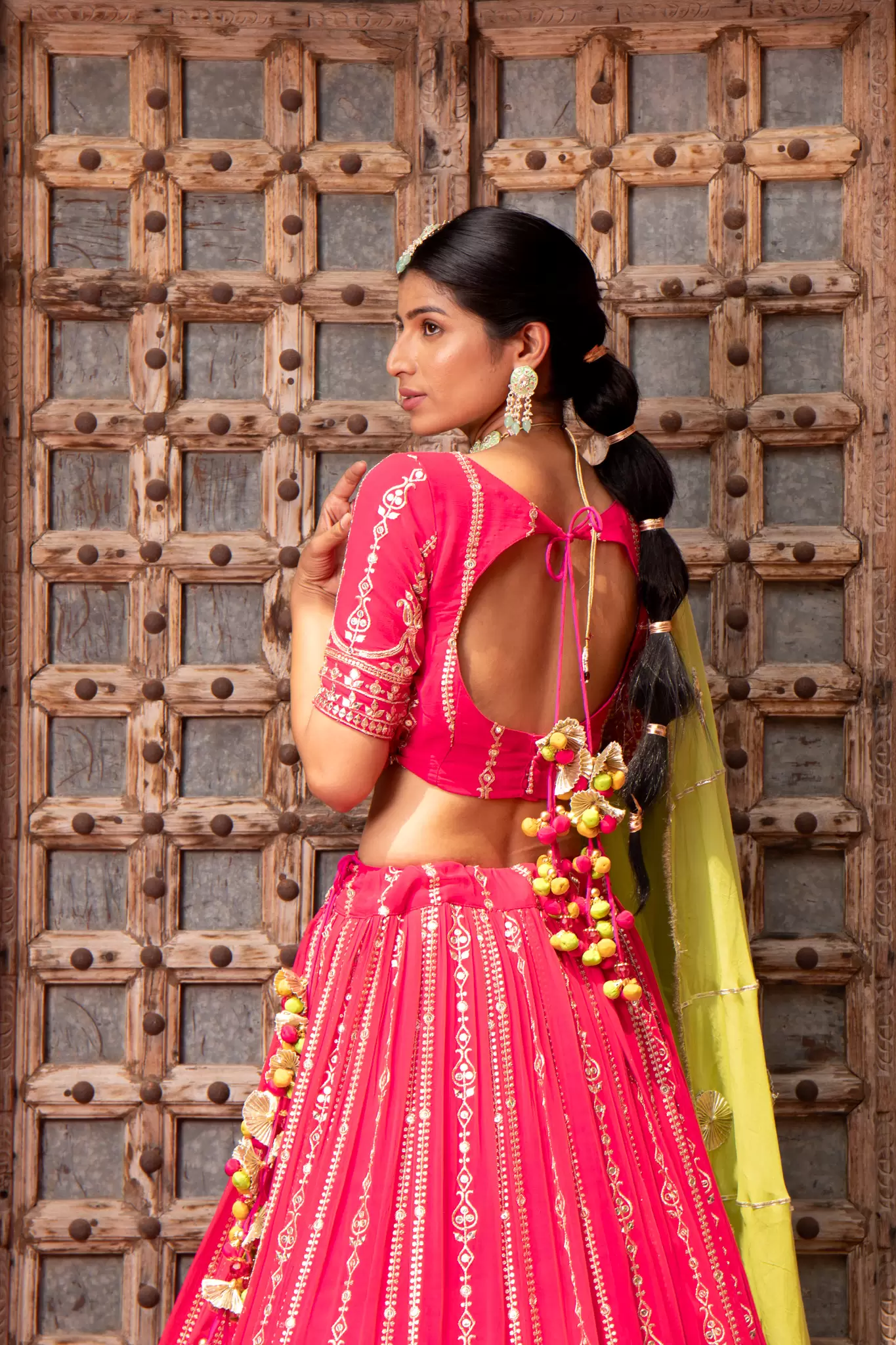 Rani Pink Maharani Lehenga with Faux mirror & Lime Green Dupatta