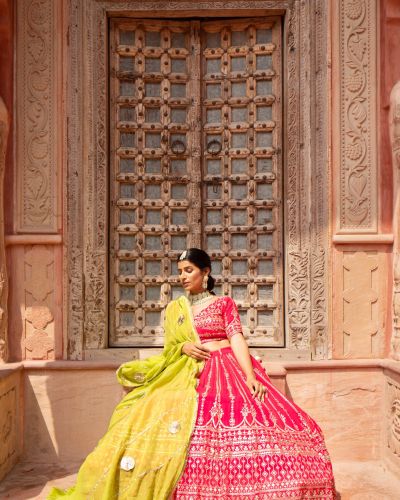 Rani Pink Maharani Lehenga with Faux mirror & Lime Green Dupatta