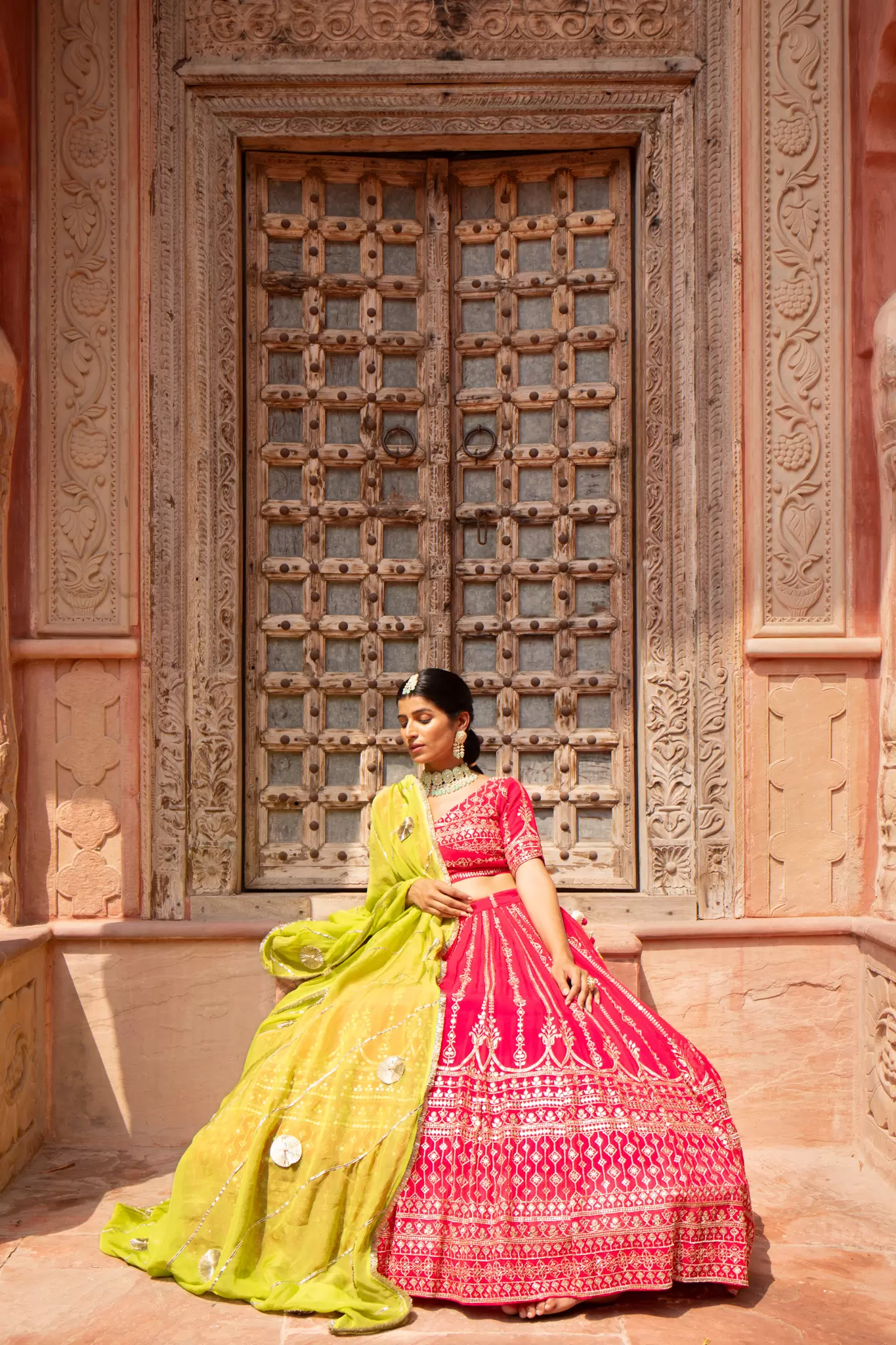 Rani Pink Maharani Lehenga with Faux mirror & Lime Green Dupatta